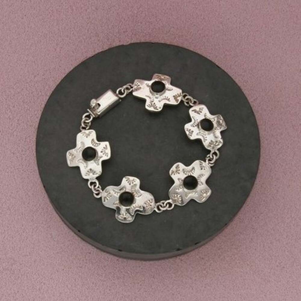 Taxco Mexico Sterling Silver Vintage Black Onyx Cross Panel Bracelet Size 6.5in